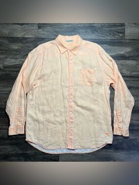 Tommy Bahama Relax Mens L Linen Shirt Long Sleeve Coral Orange Tropical Beach